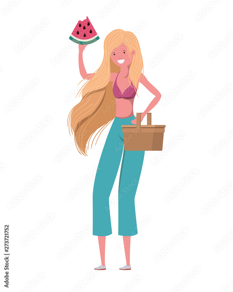woman with swimsuit and portion of watermelon in hand woman with swimsuit and portion of watermelon in hand
