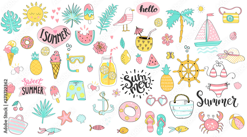 Big Summer set of hot season hand drawn elements such as boat,sun,drinks and fish,crab,palm,fruits, tropical leaves. Perfect for web,card,poster and cover,tag, invitation,sticker.Vector illustration.