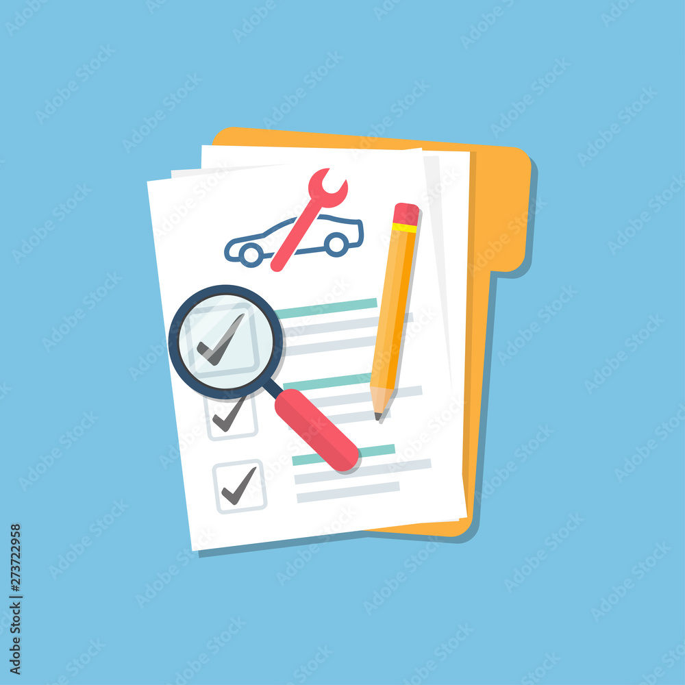 Car folder with document checklist, magnify glass and pencil in a flat design Car folder with document checklist, magnify glass and pencil in a flat design