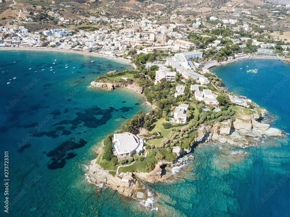 Aerial drone photo of beautiful hotel located on the hill by the sea
