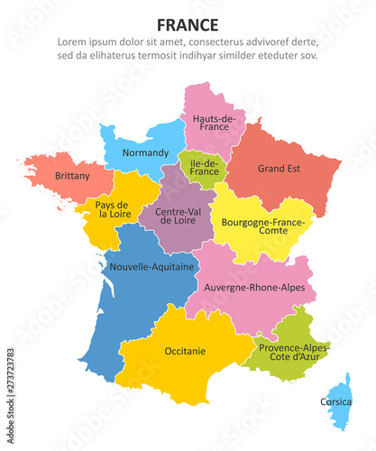 France multicolored map with regions. Vector illustration
