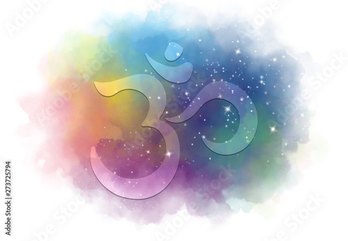Abstract mandala graphic design and diwali om hinduism symbol with star field watercolor digital painting for decorative elements backgrounds photo