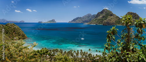 Coastal scenery from the mainland Palawan with tropical islands on horizon. El Nido-Philippines. Best natural wonders in Southeast Asia Bacuit archipelago