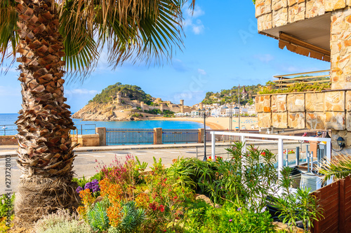 Coastal promenade with restaurant terrace and palm tree in Tossa de Mar, Costa Brava, Spain