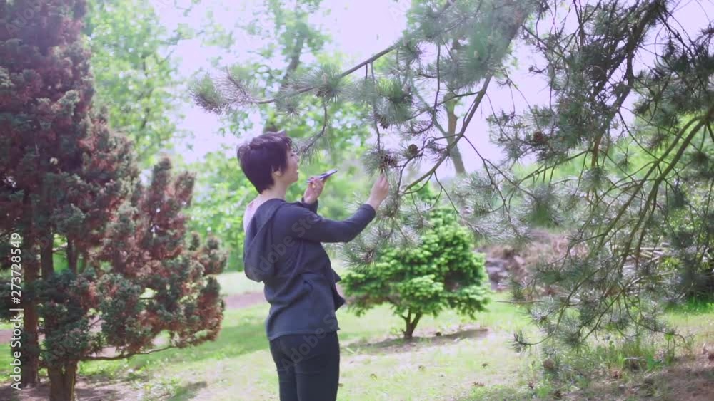 girl uses a smartphone in the park