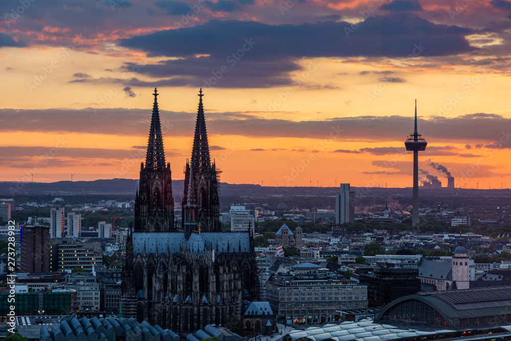 Aerial view during sunset of the cityscape of Cologne