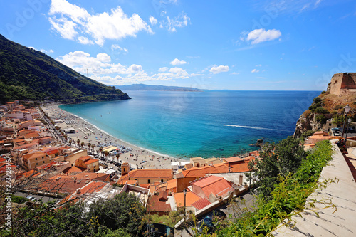 Fototapeta Naklejka Na Ścianę i Meble -  Panorama with beautiful beaches and old castle of medieval town of Scilla in Calabria, Italy. Italian summer travel holiday.