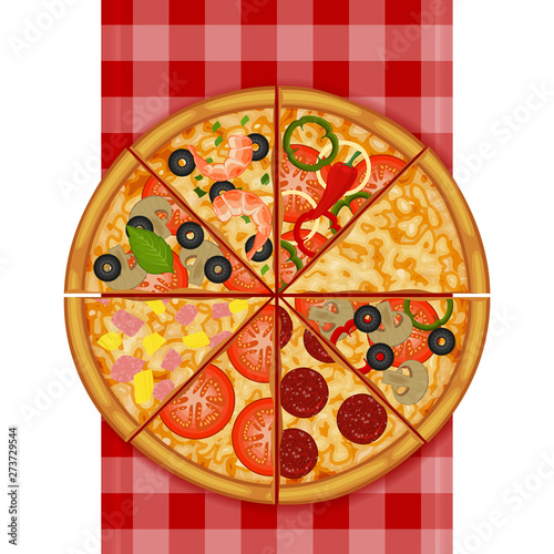Pizza on a red checkered tablecloth on white background. Pizza menu. Object for packaging, advertisements, menu. Vector illustration. Realistic.