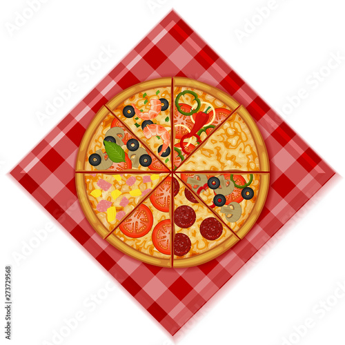 Pizza on a red checkered tablecloth on white background. Pizza menu. Object for packaging, advertisements, menu. Vector illustration. Realistic.
