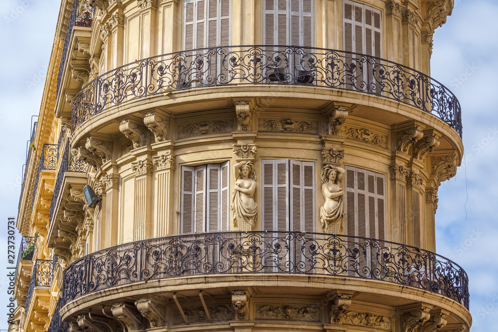 Traditional French Haussmann architecture and residential building in Marseille, France.