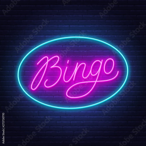 Bingo neon sign on brick wall background. Vector illustration.
