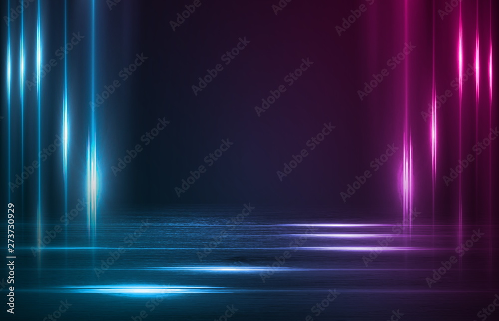 Empty background scene. Dark street reflection on wet asphalt. Rays of neon light in the dark, neon figures, smoke. Background of empty stage show. Abstract dark background. Empty background scene. Dark street reflection on wet asphalt. Rays of neon light in the dark, neon figures, smoke. Background of empty stage show. Abstract dark background.