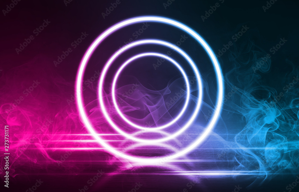 Empty background scene. Dark street reflection on wet asphalt. Rays of neon light in the dark, neon figures, smoke. Background of empty stage show. Abstract dark background. Empty background scene. Dark street reflection on wet asphalt. Rays of neon light in the dark, neon figures, smoke. Background of empty stage show. Abstract dark background.
