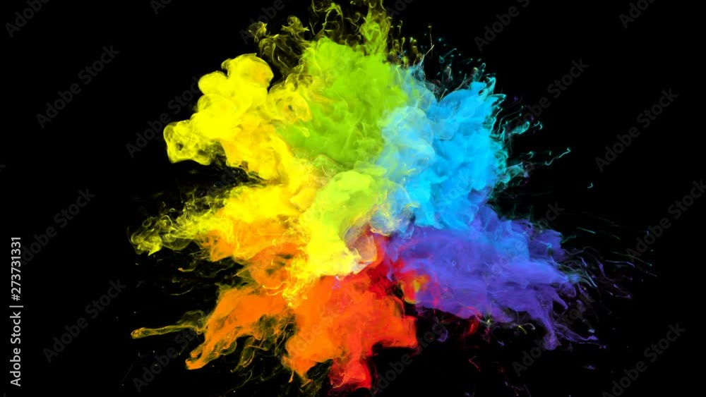 Color Burst iridescent multicolored colorful rainbow smoke powder explosion fluid ink particles slow motion alpha matte isolated on black
