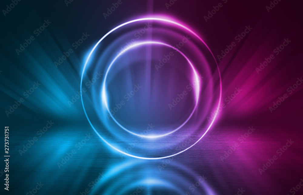 Empty background scene. Dark street reflection on wet asphalt. Rays of neon light in the dark, neon figures, smoke. Background of empty stage show. Abstract dark background. Empty background scene. Dark street reflection on wet asphalt. Rays of neon light in the dark, neon figures, smoke. Background of empty stage show. Abstract dark background.
