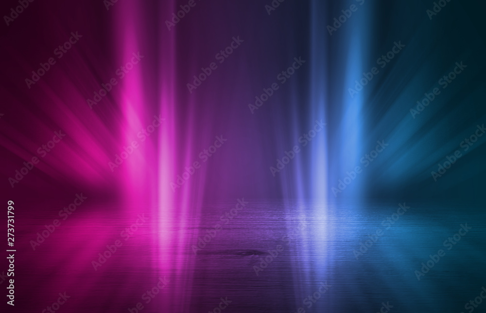 Empty background scene. Dark street reflection on wet asphalt. Rays of neon light in the dark, neon figures, smoke. Background of empty stage show. Abstract dark background. Empty background scene. Dark street reflection on wet asphalt. Rays of neon light in the dark, neon figures, smoke. Background of empty stage show. Abstract dark background.