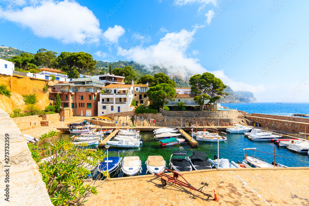 Fishing and sailing boats in picturesque port of Fornells village, Costa Brava, Spain