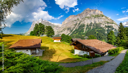 Swiss beauty, Wetterhorn above Grindelwald houses, Bernese Oberland, Switzerland, Europe