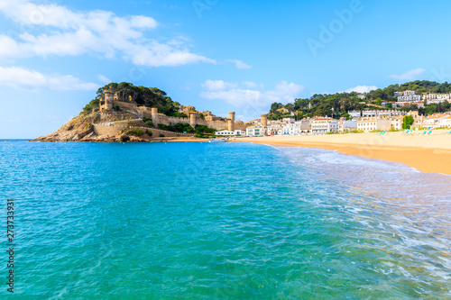 Blue azure sea and beach view in Tossa de Mar, Costa Brava, Spain