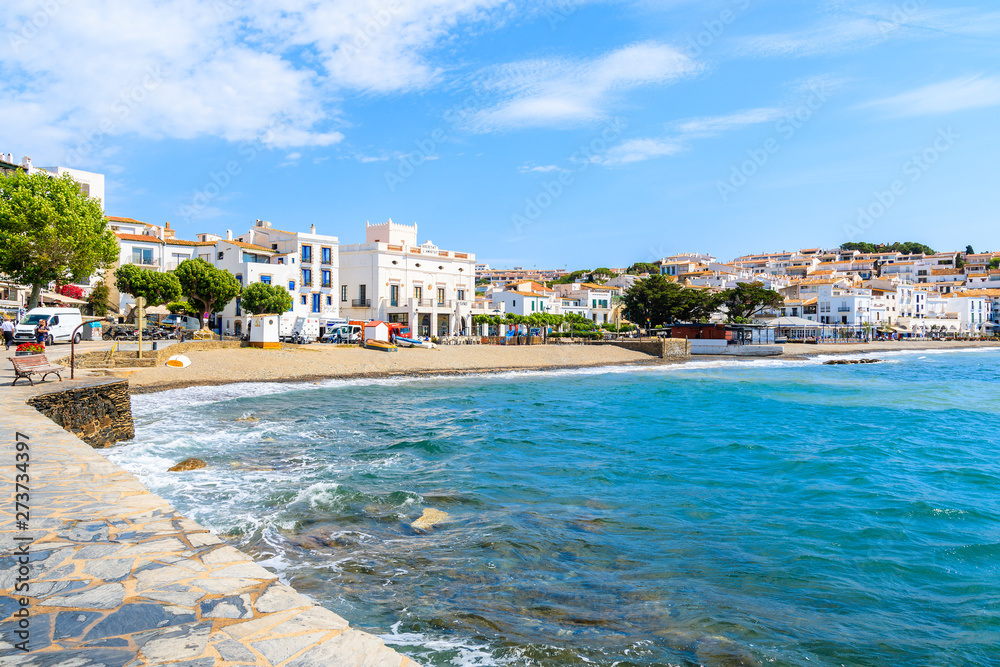 CADAQUES VILLAGE, SPAIN - JUN 4, 2019: White houses and blue sea in Cadaques port, Costa Brava, Spain.