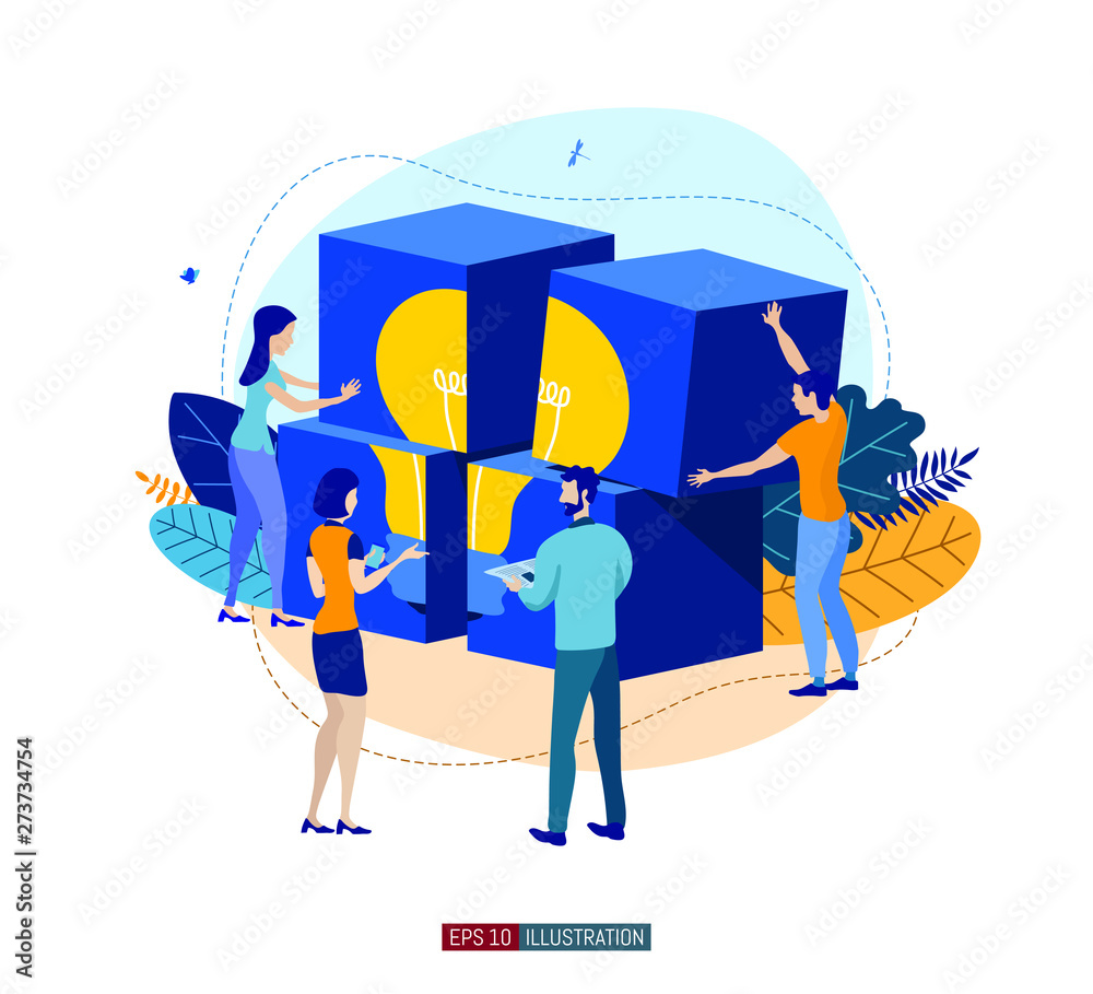 Trendy flat illustration. Cooperation of people who implement the joint idea. Illustration of the idea birth process. Template for your design works. Vector graphics.