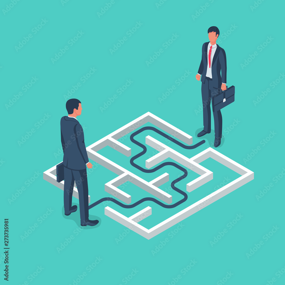 An obstacle to meeting two businessmen. Maze with solution. Conquering adversity. Hurdle on way concept. Vector illustration flat design. Overcoming obstacle on road. An obstacle to meeting two businessmen. Maze with solution. Conquering adversity. Hurdle on way concept. Vector illustration flat design. Overcoming obstacle on road.