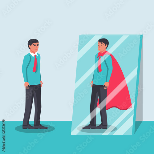 Human looks in the mirror and sees a superhero. Confident power. Business leadership. Vector illustration flat design. Isolated on background. Successful businessman.