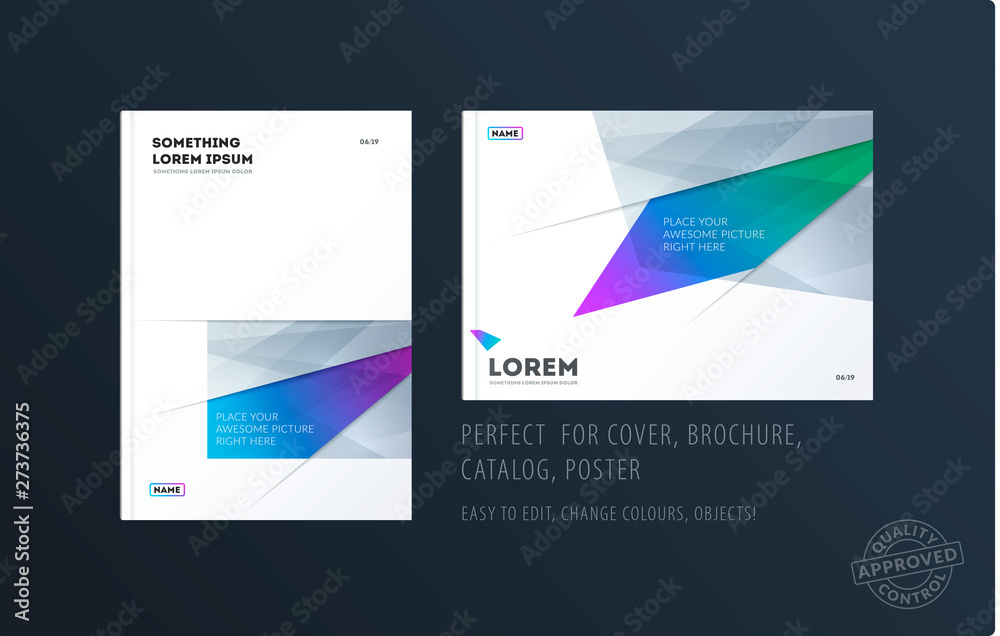 Abstract design brochure in modern style, creative catalog, flyer in A4 with colourful shapes for branding, presentation, marketing kit. Business vector cover