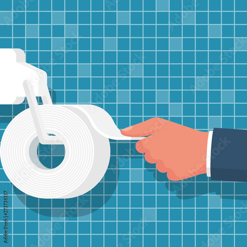 Human hand using toilet paper close-up. Vector illustration flat design. Isolated on tile bathroom background. Toilet paper roll holder in bathroom. Tile of blue on the wall. 
