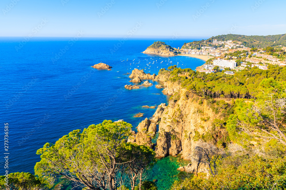 View of Tossa de Mar town and sea from high cliff, Costa Brava, Spain