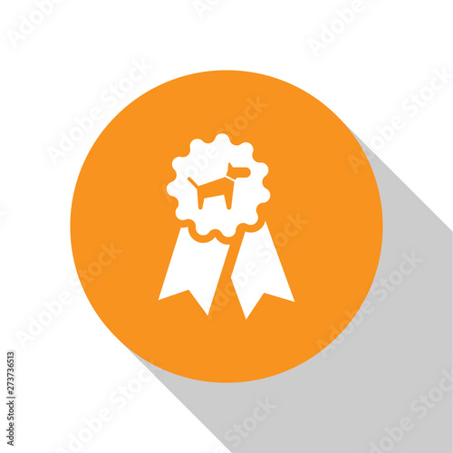 White Dog award symbol icon isolated on white background. Medal with dog footprint as pets exhibition winner concept. Orange circle button. Vector Illustration