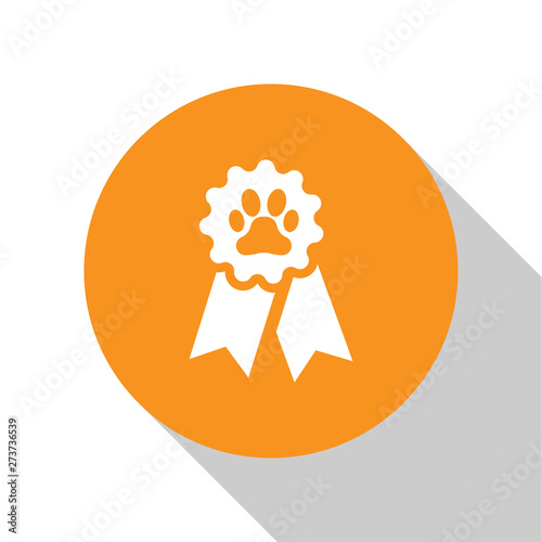 White Pet award symbol icon isolated on white background. Badge with dog or cat paw print and ribbons. Medal for animal. Orange circle button. Vector Illustration