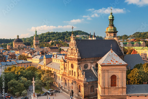 Lviv historical city center skyline at sunset, Ukraine