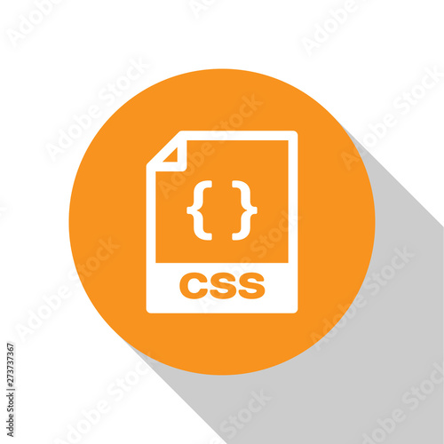 White CSS file document icon. Download css button icon isolated on white background. CSS file symbol. Orange circle button. Vector Illustration