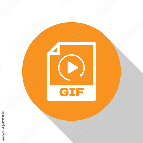 White GIF file document icon. Download gif button icon isolated on white background. GIF file symbol. Orange circle button. Vector Illustration