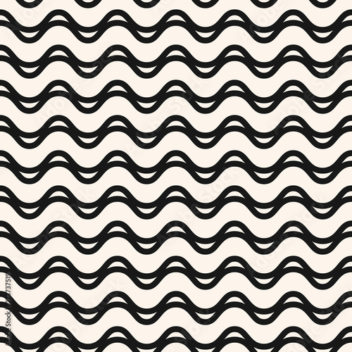 Vector monochrome seamless pattern with wavy lines, horizontal waves, stripes