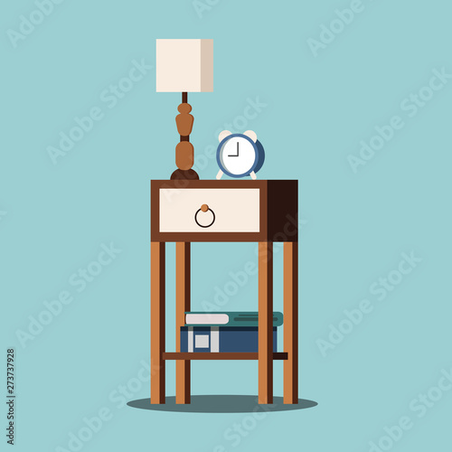 Isolated nightstand with lamp, alarm-clock, books on blue. Scandinavian style interior background vector illustration