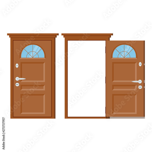 Wooden closed and open entrance door with frame and window isolated on white background. Vector illustration in cartoon flat style.