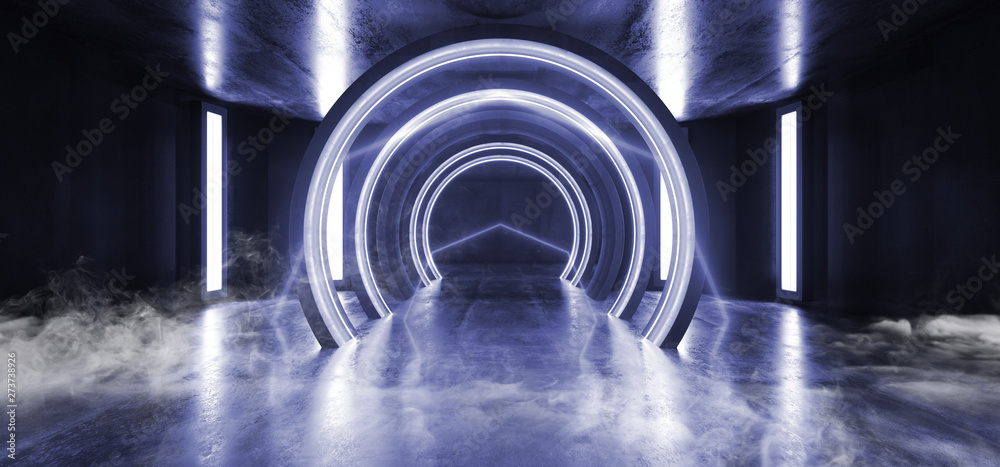 Smoke Future Sci Fi Circle Concrete Grunge Neon Lights Glowing Blue Studio Dark Empty Underground Tunnel Corridor Vibrant Garage Gallery Arc Entrance Gate 3D Rendering