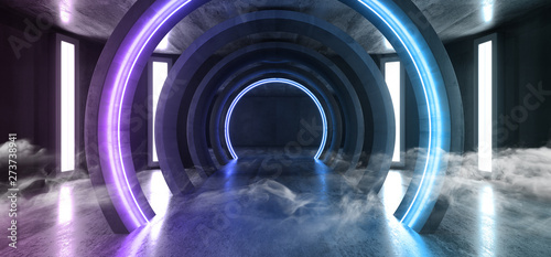 Smoke Futuristic Neon Lights Sci Fi Glowing Purple Blue Virtual Vibrant Underground Garage Tunnel Corridor Grunge Concrete Reflection Dark Empty Circle Shapes 3D Rendering