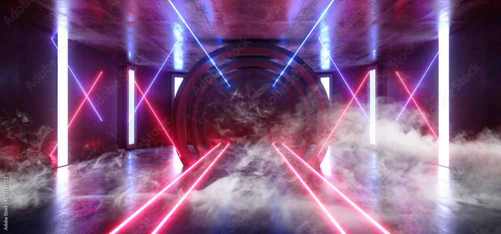 Smoke Futuristic Neon Lights Sci Fi Glowing Red Blue Virtual Vibrant Underground Garage Tunnel Corridor Grunge Concrete Reflection Dark Empty Circle Shapes 3D Rendering Smoke Futuristic Neon Lights Sci Fi Glowing Red Blue Virtual Vibrant Underground Garage Tunnel Corridor Grunge Concrete Reflection Dark Empty Circle Shapes 3D Rendering