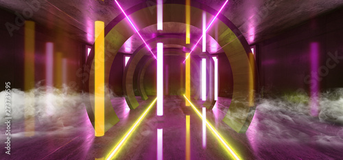 Smoke Futuristic Neon Lights Sci Fi Glowing Orange Blue Virtual Vibrant Underground Garage Tunnel Corridor Grunge Concrete Reflection Dark Empty Circle Shapes 3D Rendering