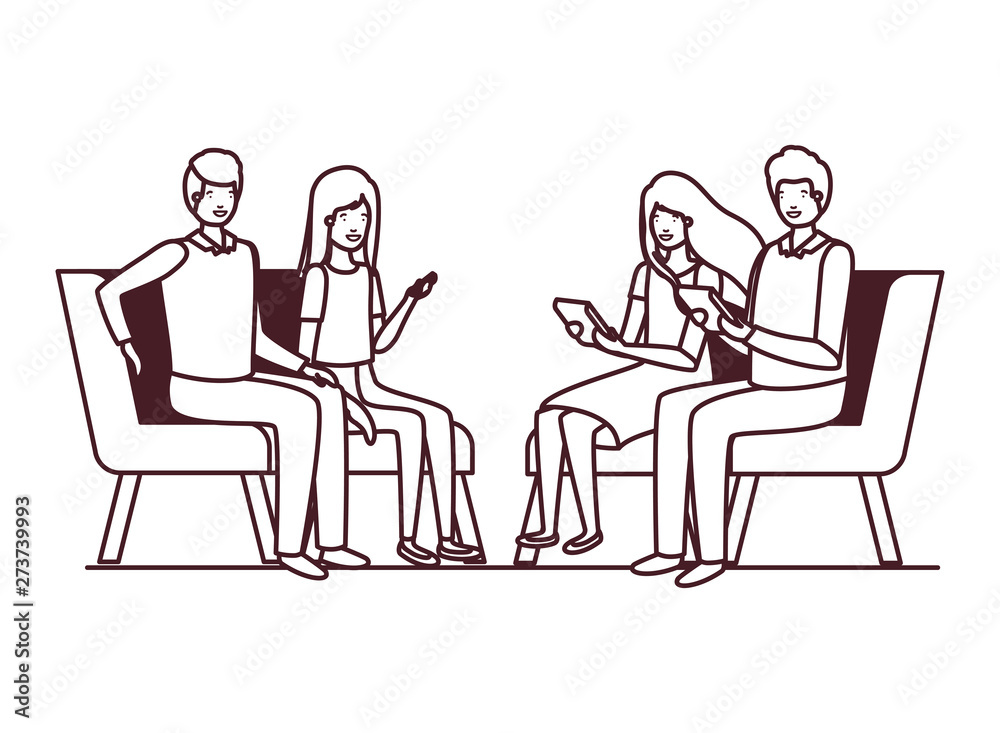 group of people with sitting in chairs on white background