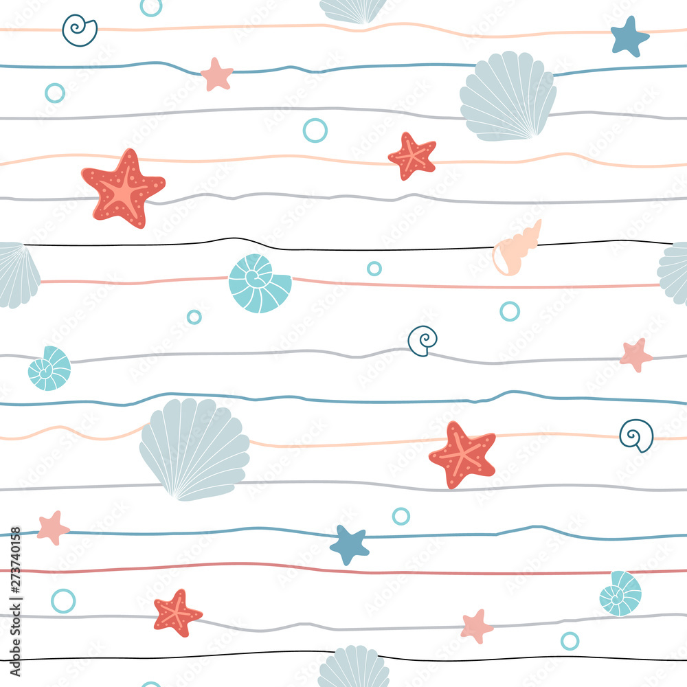 Baby seamless pattern with sea stars and shells, on white. Nursery vector background. Perfect for fabric, nursery textile.