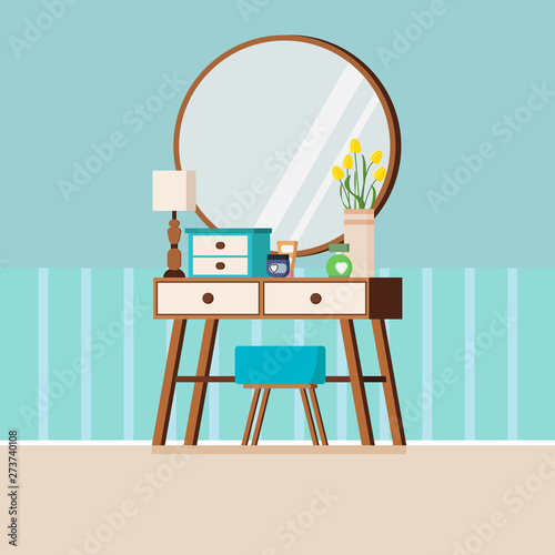 Vintage woman wood dressing table with mirror, chair, lamp, vase with tulips, box and cosmetics. Flat style vector illustration of interior background.
