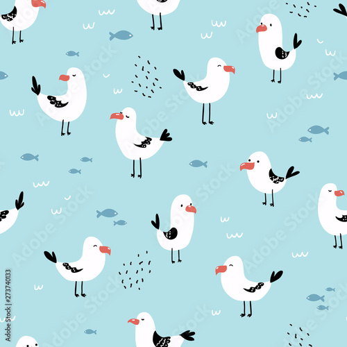 Seamless pattern with cute seagulls. Perfect for fabric, baby clothes, textile. Marine vector background.