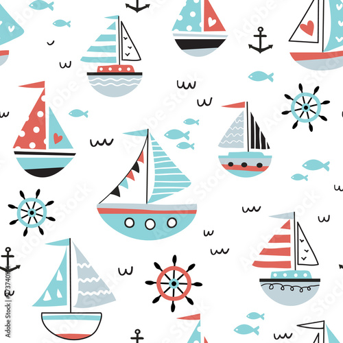 Marine seamless pattern with sailing ships and boats. Perfect for fabric, baby clothes, textile. Nautical vector background.