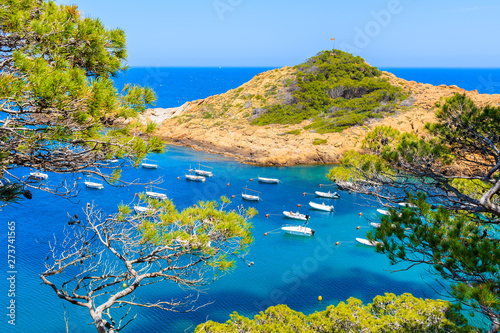 Canvas Print Boats in beautiful sea bay with azure water near Sa Tuna village, Costa Brava, S