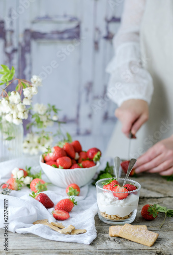 Wallpaper Mural Faceless chef using fresh juicy tasty strawberries while preparing creamy sweet dessert Torontodigital.ca