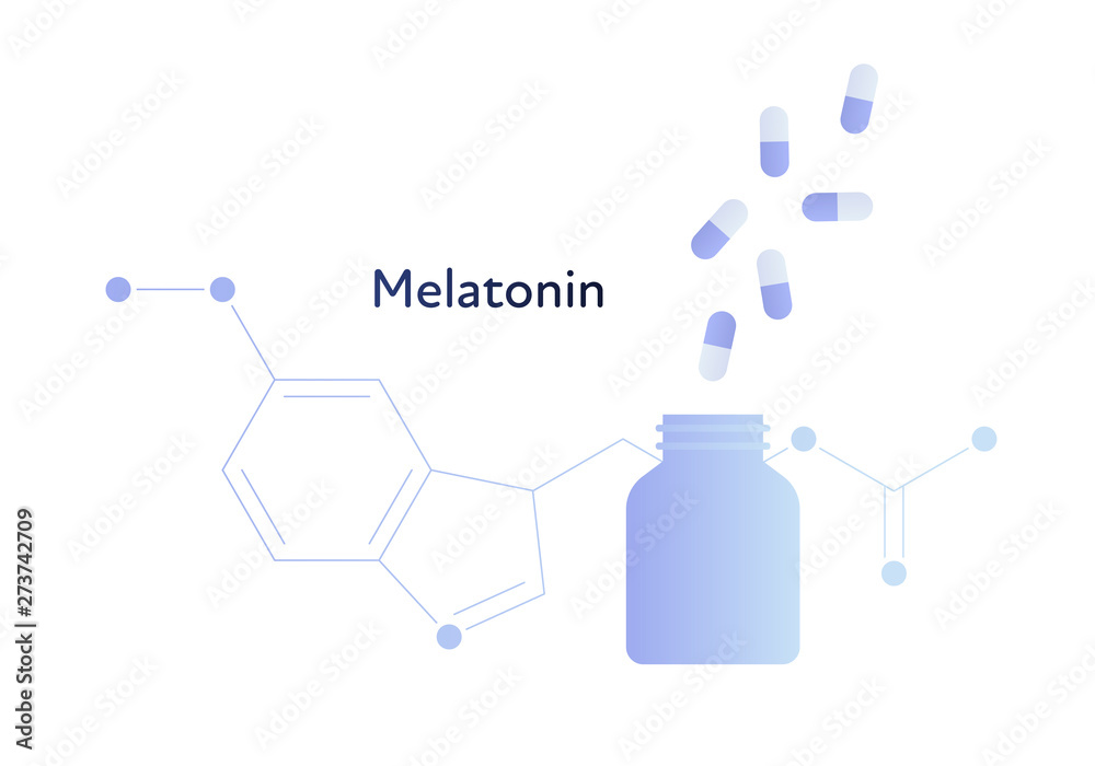 Vector modern melatonin treatment banner template. Blue gradient bottle of pills and hormone structure isolated on white. Concept of sleep disorder treatment, sweet easy dream. Vector modern melatonin treatment banner template. Blue gradient bottle of pills and hormone structure isolated on white. Concept of sleep disorder treatment, sweet easy dream.